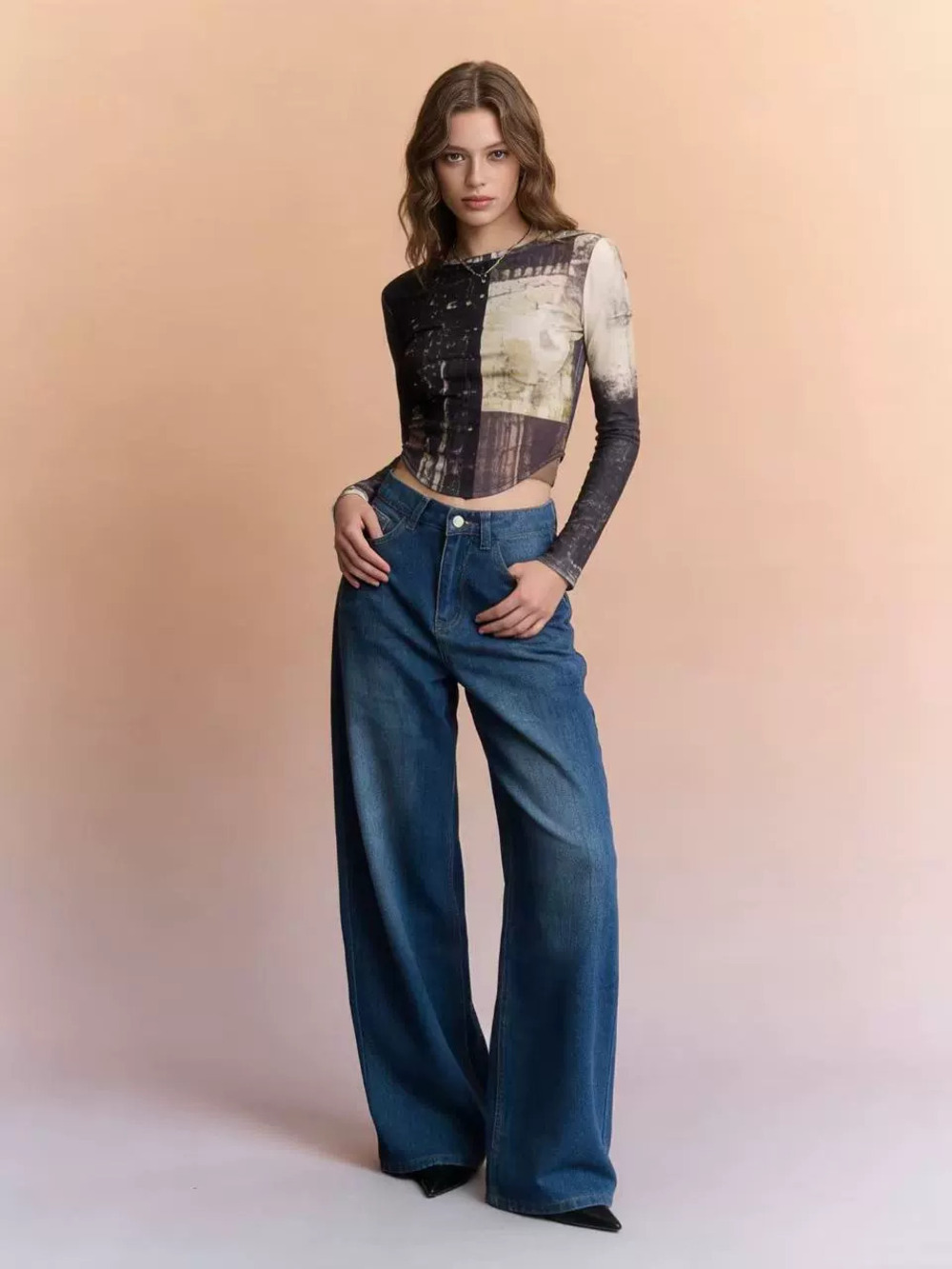 ZARA Trendy Retro High Waist Loose Straight Floor Length Womens Jeans